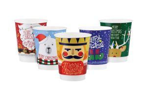 Картонена двустенна чаша 8 оз - 200 мл,  CHRISTMAS 5  DESIGNS  MIX - 500 бр